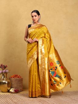 Garden VARELI - Women Silk Blend Woven Design Mustard Banarasi Saree with Unstitched Blouse