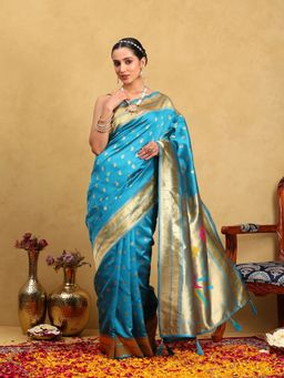 Garden VARELI - Women Silk Blend Woven Design Blue Banarasi Saree with Unstitched Blouse