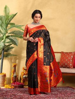 Garden VARELI - Women Silk Blend Woven Design Black Banarasi Saree with Unstitched Blouse