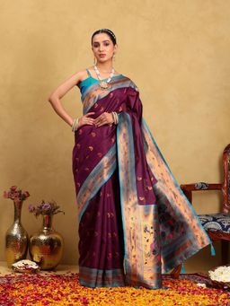 Garden VARELI - Women Silk Blend Woven Design Purple Banarasi Saree with Unstitched Blouse