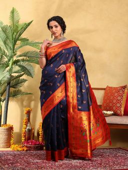 Garden VARELI - Women Silk Blend Woven Design Navy Blue Banarasi Saree with Unstitched Blouse