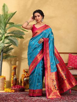 Garden VARELI - Women Silk Blend Woven Design Blue Banarasi Saree with Unstitched Blouse
