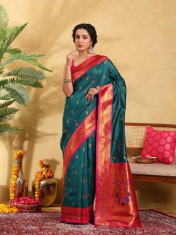 Garden VARELI - Women Silk Blend Woven Design Green Banarasi Saree with Unstitched Blouse