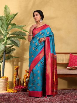 Garden VARELI - Women Silk Blend Woven Design Blue Banarasi Saree with Unstitched Blouse