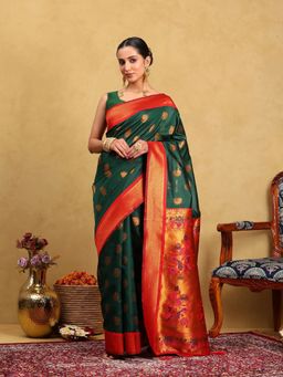 Garden VARELI - Women Silk Blend Woven Design Sea Green Banarasi Saree with Unstitched Blouse