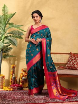 Garden VARELI - Women Silk Blend Woven Design Teal Banarasi Saree with Unstitched Blouse