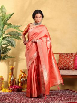 Garden VARELI - Women Silk Blend Woven Design Peach Banarasi Saree with Unstitched Blouse