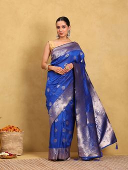 Garden VARELI - Women Silk Blend Woven Design Blue Banarasi Saree with Unstitched Blouse