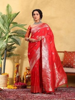 Garden VARELI - Women Silk Blend Woven Design Red Banarasi Saree with Unstitched Blouse