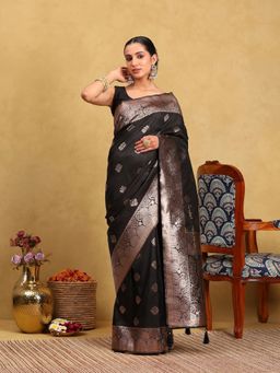 Garden VARELI - Women Silk Blend Woven Design Black Banarasi Saree with Unstitched Blouse