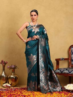Garden VARELI - Women Silk Blend Woven Design Teal Banarasi Saree with Unstitched Blouse