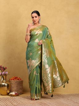 Garden VARELI - Women Silk Blend Woven Design Olive Banarasi Saree with Unstitched Blouse