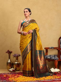 Garden VARELI - Women Silk Blend Woven Design Mustard Banarasi Saree with Unstitched Blouse