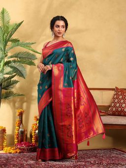 Garden VARELI - Women Silk Blend Woven Design Teal Banarasi Saree with Unstitched Blouse