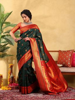 Garden VARELI - Women Silk Blend Woven Design Green Banarasi Saree with Unstitched Blouse