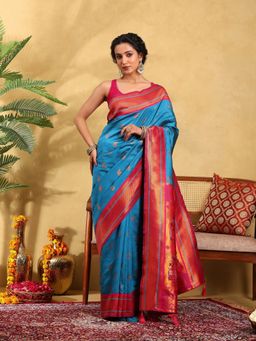 Garden VARELI - Women Silk Blend Woven Design Blue Banarasi Saree with Unstitched Blouse