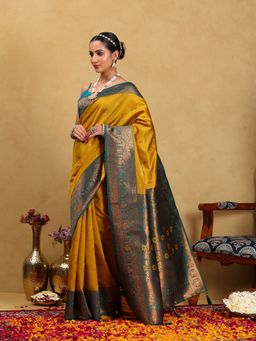 Garden VARELI - Women Silk Blend Woven Design Mustard Banarasi Saree with Unstitched Blouse
