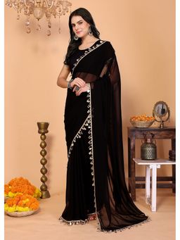 FABMORA - Women Black Georgette Embroidered Saree with Unstitched Blouse