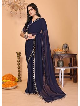 FABMORA - Women Blue Georgette Embroidered Saree with Unstitched Blouse