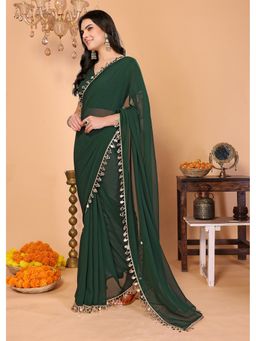 FABMORA - Women Green Georgette Embroidered Saree with Unstitched Blouse
