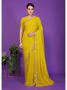 FABMORA - Women Yellow Georgette Embroidered Saree with Unstitched Blouse