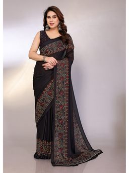 FABMORA - Women Black Chiffon Printed Saree with Unstitched Blouse