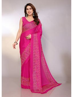 FABMORA - Women Pink Chiffon Printed Saree with Unstitched Blouse