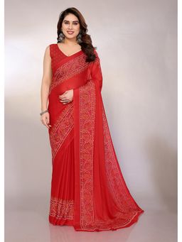 FABMORA - Women Red Chiffon Printed Saree with Unstitched Blouse