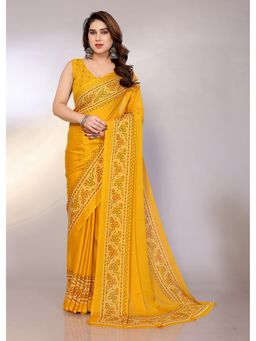 FABMORA - Women Yellow Chiffon Printed Saree with Unstitched Blouse