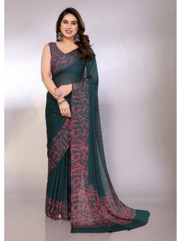 FABMORA - Green Women Chiffon Printed Saree with Unstitched Blouse