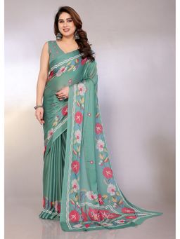 FABMORA - Women Teal Chiffon Printed Saree with Unstitched Blouse