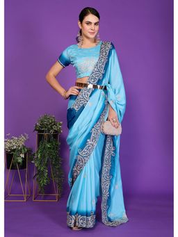 FABMORA - Women Blue Silk Blend Embroidered Saree with Unstitched Blouse
