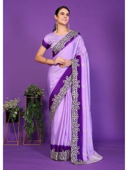 FABMORA - Women Purple Silk Blend Embroidered Saree with Unstitched Blouse