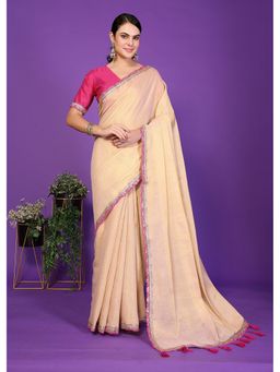 FABMORA - Women Cream Cotton Embroidered Saree with Unstitched Blouse