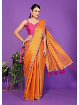 FABMORA - Women Yellow Cotton Embroidered Saree with Unstitched Blouse