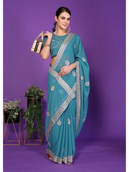 FABMORA - Women Blue Silk Blend Embroidered Saree with Unstitched Blouse