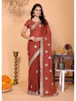 FABMORA - Women Pink Silk Blend Embroidered Saree with Unstitched Blouse