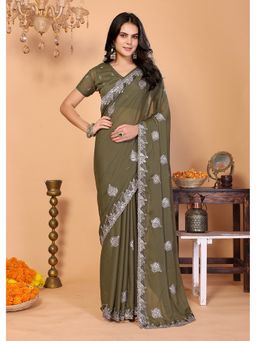 FABMORA - Women Green Silk Blend Embroidered Saree with Unstitched Blouse