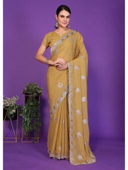 FABMORA - Women Yellow Silk Blend Embroidered Saree with Unstitched Blouse