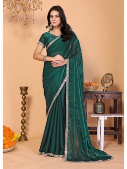 FABMORA - Women Green Silk Blend Embroidered Saree with Unstitched Blouse