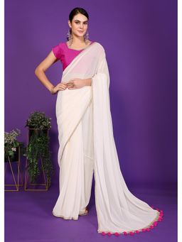 FABMORA - Women White Georgette Embroidered Saree with Unstitched Blouse