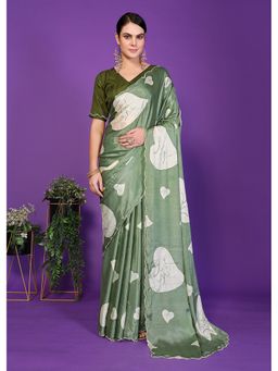 FABMORA - Women Green Silk Blend Saree with Unstitched Blouse