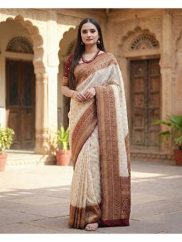 AMRUTKALA SAREES - Cream Designer Banarasi Silk Kanjivaram Saree with Unstitched Blouse