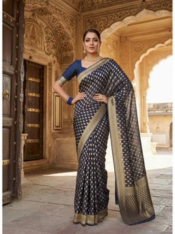 AMRUTKALA SAREES - Navy Blue Designer Banarasi Silk Kanjivaram Saree with Unstitched Blouse