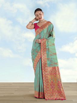Monjolika Fashion - Sky Blue Color Banarasi Tissue Silk Paithani Woven Saree with Unstitched Blouse