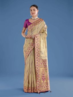 Monjolika Fashion - Beige Color Banarasi Tissue Silk Paithani Woven Saree with Unstitched Blouse