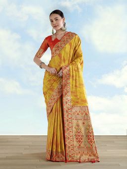 Monjolika Fashion - Mustard Color Banarasi Tissue Silk Paithani Woven Saree with Unstitched Blouse