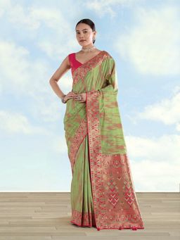 Monjolika Fashion - Light Green Color Banarasi Tissue Silk Paithani Woven Saree with Unstitched Blouse