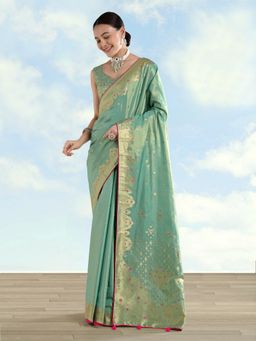 Monjolika Fashion - Light Blue Paisley Zari Woven Banarasi Tissue Silk Saree with Unstitched Blouse