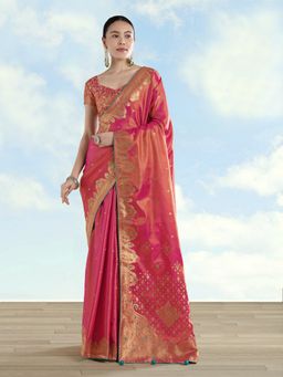 Monjolika Fashion - Red Color Paisley Zari Woven Banarasi Tissue Silk Saree with Unstitched Blouse